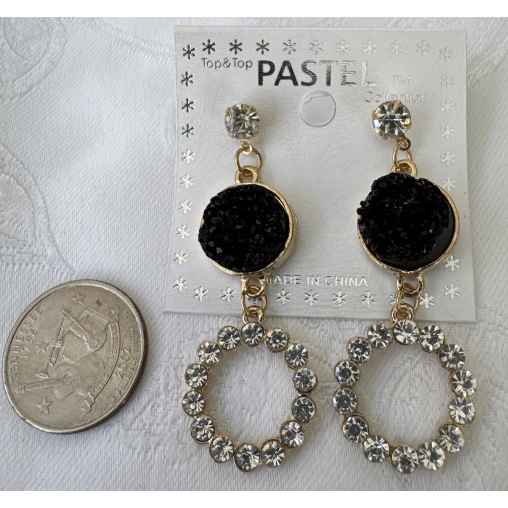 Pastel Faux Black Stone Crystal Gold Rhinestone Earrings Dangle Drop Party NEW